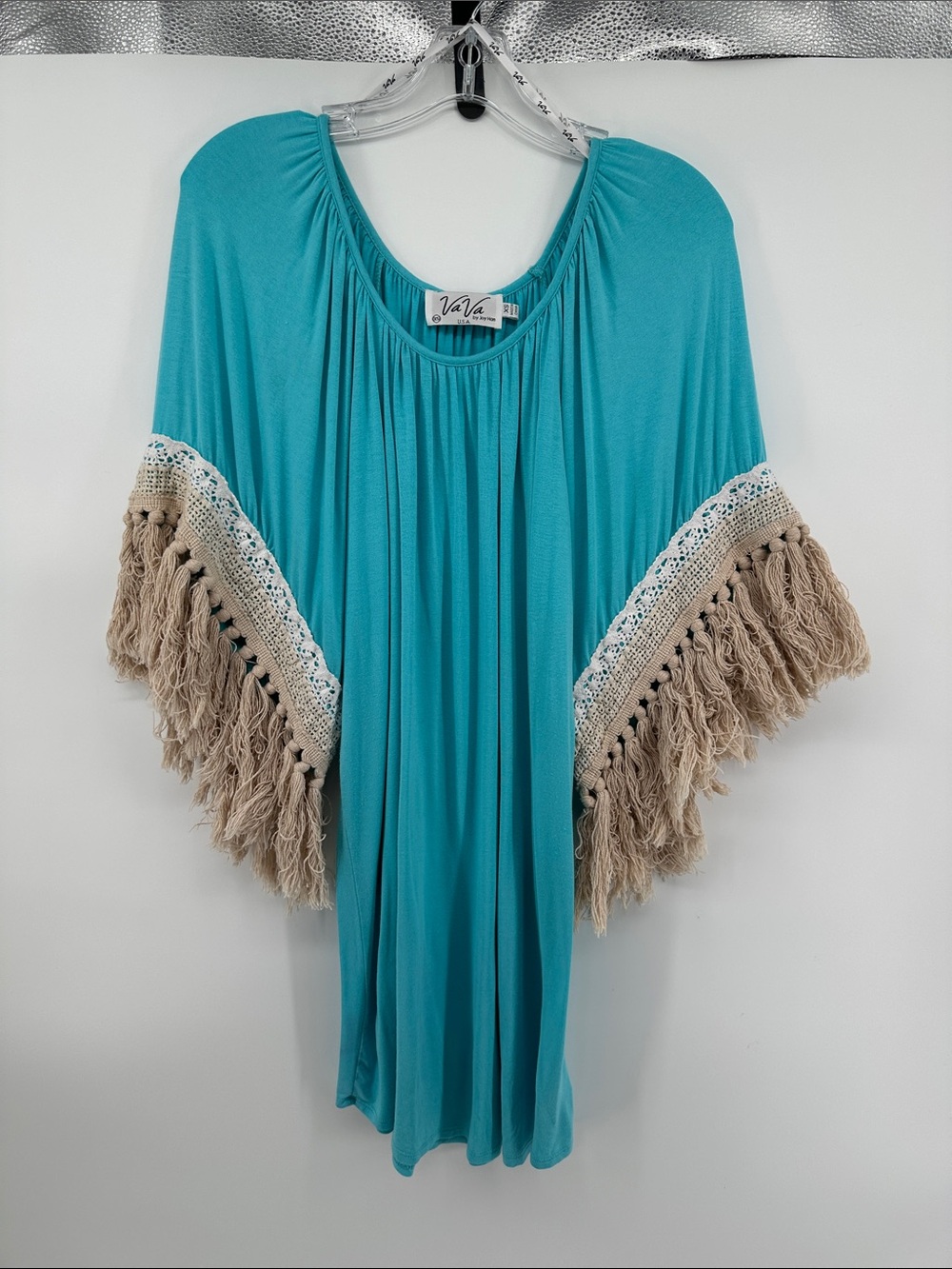 Boho Festival Coastal Cowgirl Gypsy VavabyJoyHan TurquoiseDressw/Tan Fringe SzXS